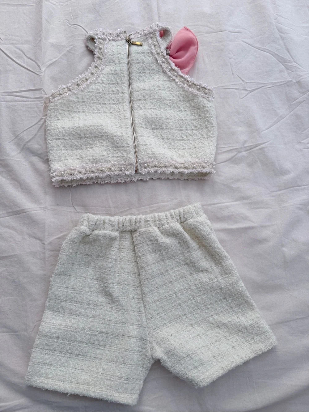 Girls Cream Tweed Halter Top & Shorts Set with Pink Bow